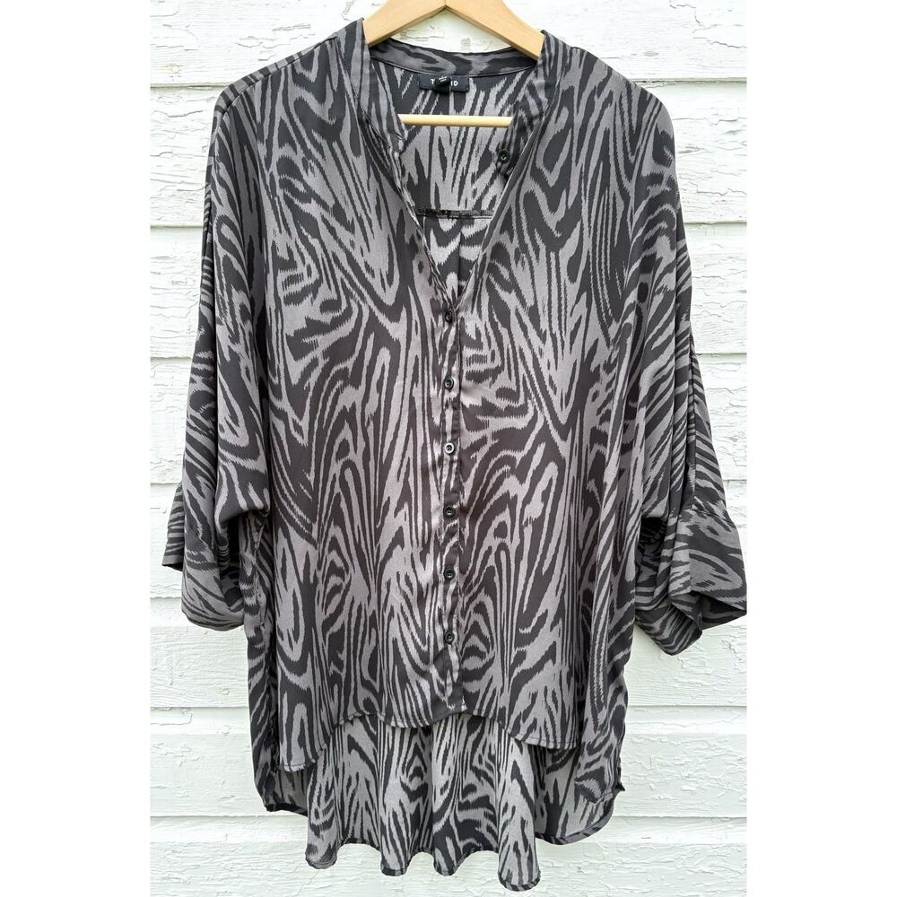Women's Grey Patterned Button-Front Blouse